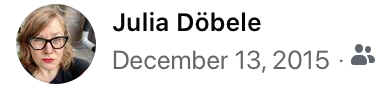 man sieht Julia, sie hat rotbraune Haare, trägt eine grosse eckige schwarze Brille und guckt in die Kamera, daneben steht "Julia Döbele, December, 13, 2015"